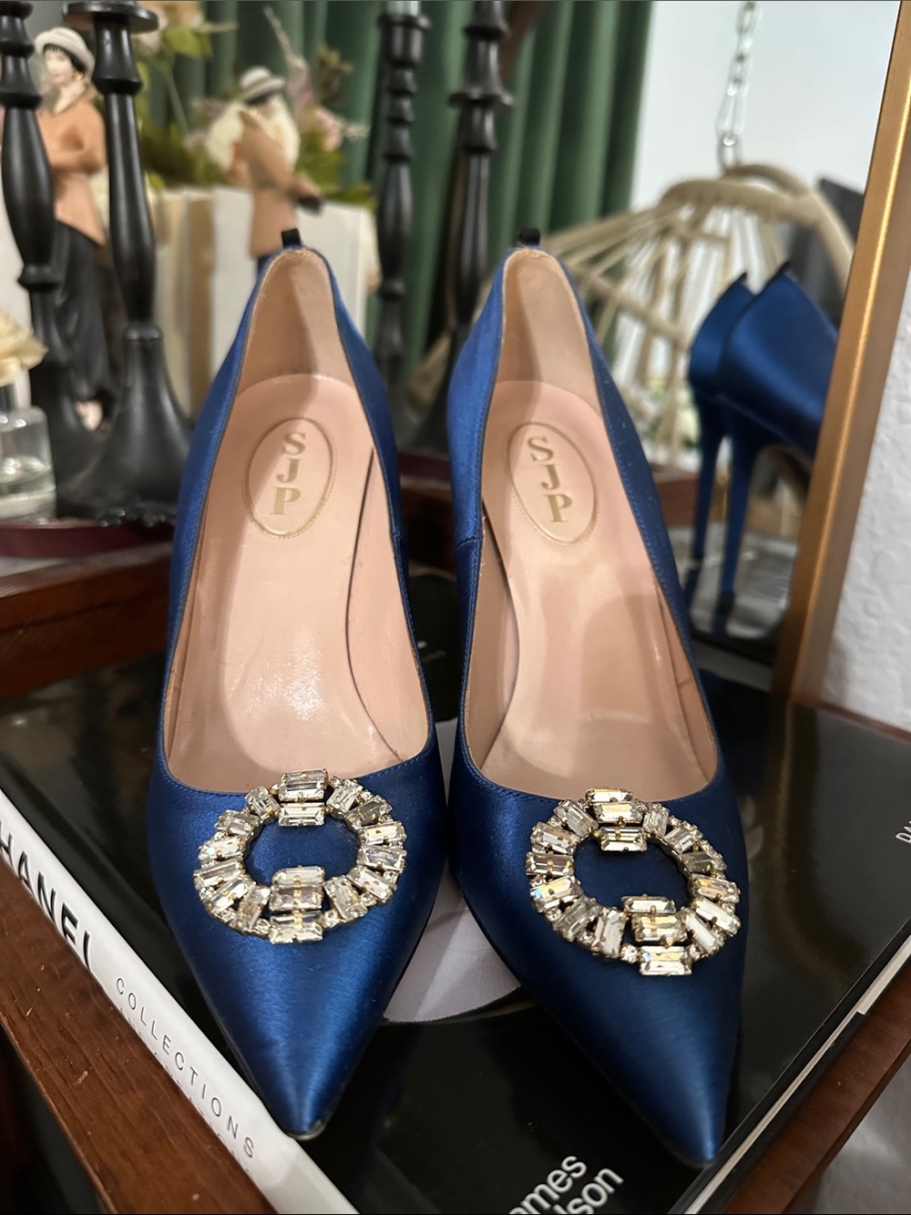 SJP by Sarah Jessica Parker Navy Satin Pointed Toe Pumps with Crystal Buckle - Picture 3 of 11